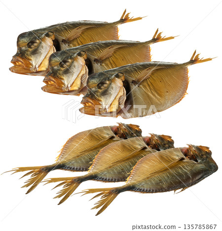 Smoked vomer fish, collage on white background isolated Smoked vomer fish, collage on white background isolated 135785867