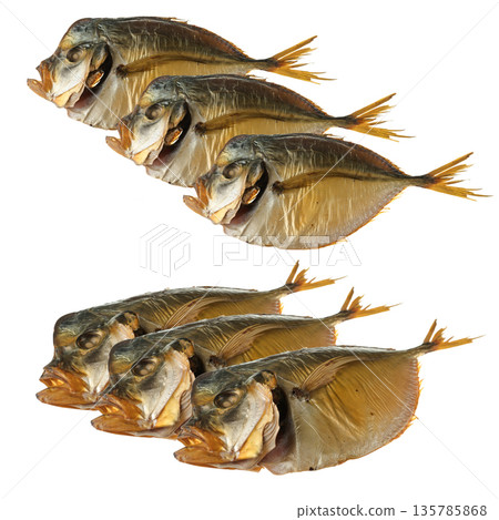 Smoked vomer fish, collage on white background isolated Smoked vomer fish, collage on white background isolated 135785868