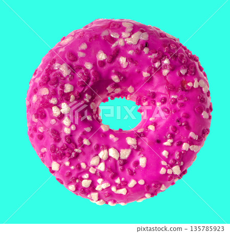 lush donut covered with cream, on a blue background 135785923