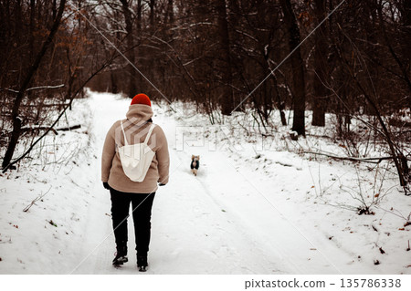 A woman walking with a small dog, enjoying a moment of peace on a snowy forest path. Authentic lifestyle image captures a sense of freedom, winter exploration, and serene solitude in nature.  135786338