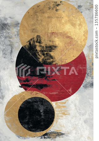 Abstract circles overlapping a textured gold black red composition. Abstract composition featuring overlapping circular forms of varying sizes and colors on a textured background Abstract circles overlapping a textured gold black red composition. Abstract composition featuring overlapping circular forms of varying sizes and colors on a textured background 135786600