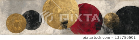 Abstract circles overlapping a textured gold black red composition. Abstract composition featuring overlapping circular forms of varying sizes and colors on a textured background Abstract circles overlapping a textured gold black red composition. Abstract composition featuring overlapping circular forms of varying sizes and colors on a textured background 135786601