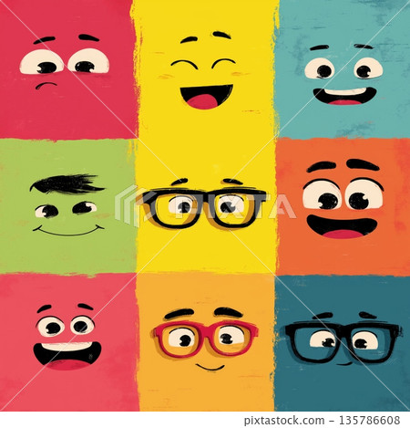 Cartoon faces showing emotions and different personalities. Cheerful cartoon faces on a colorful background expressing various emotions and concepts 135786608