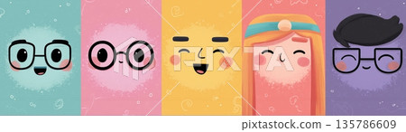 Cartoon faces showing emotions and different personalities. Cheerful cartoon faces on a colorful background expressing various emotions and concepts Cartoon faces showing emotions and different personalities. Cheerful cartoon faces on a colorful background expressing various emotions and concepts 135786609