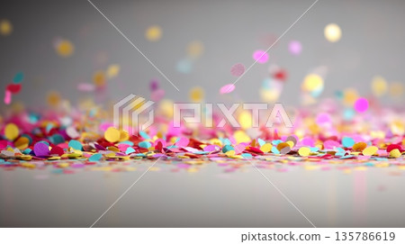 Colorful confetti falling creating festive celebration background. Bright confetti falling and resting on a neutral background, offering copy space Colorful confetti falling creating festive celebration background. Bright confetti falling and resting on a neutral background, offering copy space 135786619