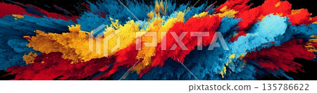 Colorful powder explosion bursting vibrant primary colors. Vivid red, yellow, and blue powder exploding creating abstract energy Colorful powder explosion bursting vibrant primary colors. Vivid red, yellow, and blue powder exploding creating abstract energy 135786622