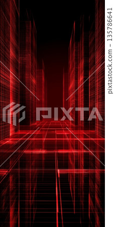 Digital city grid connecting glowing virtual network data. Futuristic red grid forming cyber city perspective, representing technology and connection 135786641