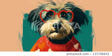 Dog wearing red heart sweater and glasses for Valentine. Doodle dog wearing a red heart sweater with heart-shaped glasses 135786642