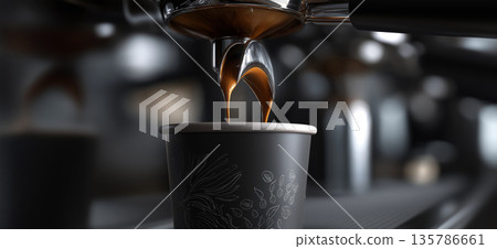 Espresso flowing into black paper cup. Espresso extracting from a commercial machine, rich crema pouring into a black paper cup Espresso flowing into black paper cup. Espresso extracting from a commercial machine, rich crema pouring into a black paper cup 135786661