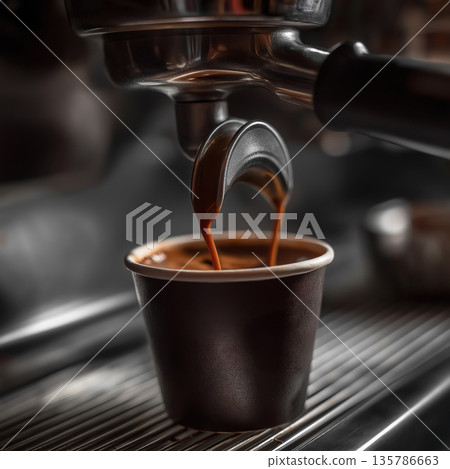 Espresso flowing into black paper cup. Espresso extracting from a commercial machine, rich crema pouring into a black paper cup 135786663