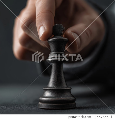 Hand moving gold chess king piece in strategic decision. Hand selecting a golden king chess piece on a dark background, representing strategy and leadership Hand moving gold chess king piece in strategic decision. Hand selecting a golden king chess piece on a dark background, representing strategy and leadership 135786681