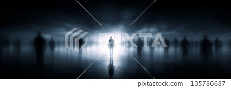 Leading illuminated figure facing challenging future. Illuminated man standing out from dark crowd, representing leadership and a new path Leading illuminated figure facing challenging future. Illuminated man standing out from dark crowd, representing leadership and a new path 135786687