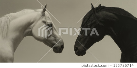 Black and white horses connecting in a minimalist concept. Two horses, one white and one black, facing each other on a misty light background 135786714