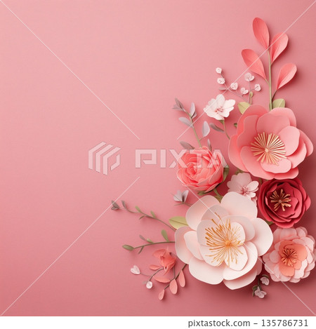 Paper flowers composing elegant pink floral background. Pastel paper flowers decorating a pink background with copy space creating a delicate border Paper flowers composing elegant pink floral background. Pastel paper flowers decorating a pink background with copy space creating a delicate border 135786731
