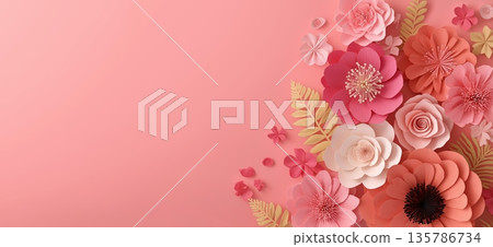 Paper flowers composing elegant pink floral background. Pastel paper flowers decorating a pink background with copy space creating a delicate border Paper flowers composing elegant pink floral background. Pastel paper flowers decorating a pink background with copy space creating a delicate border 135786734