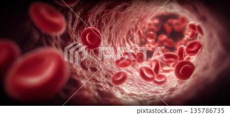 Red blood cells flowing inside human artery visualization. Red blood cells flowing through a human blood vessel, medical science concept Red blood cells flowing inside human artery visualization. Red blood cells flowing through a human blood vessel, medical science concept 135786735