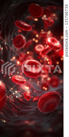 Red blood cells flowing inside human artery visualization. Red blood cells flowing through a human blood vessel, medical science concept Red blood cells flowing inside human artery visualization. Red blood cells flowing through a human blood vessel, medical science concept 135786739