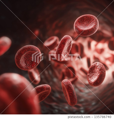 Red blood cells flowing inside human artery visualization. Red blood cells flowing through a human blood vessel, medical science concept Red blood cells flowing inside human artery visualization. Red blood cells flowing through a human blood vessel, medical science concept 135786740