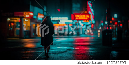 Woman walking alone on wet street reflecting neon lights. Woman walking away on an empty city street at night with colorful light reflections 135786795