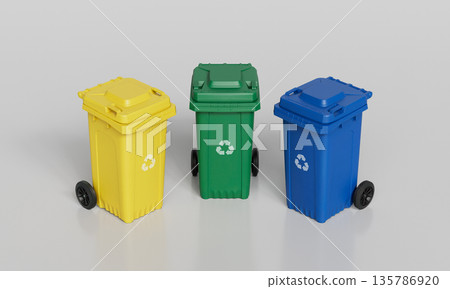 Recycling Bins for Waste Separation. 3D Rendering. 135786920