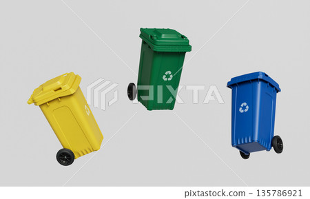 Recycling Bins for Waste Separation. 3D Rendering. Recycling Bins for Waste Separation. 3D Rendering. 135786921