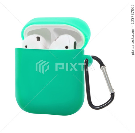 Silicone case with wireless headphones, white background in insulation Silicone case with wireless headphones, white background in insulation 135787063