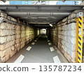 A low-ceilinged underground passageway lined with stone walls 135787234