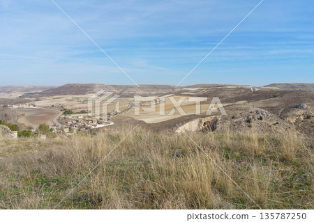 A large, open field with a few houses in the distance 135787250