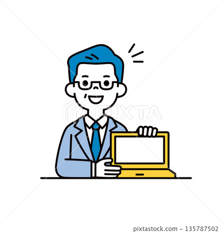 一幅簡單的上半身向量插圖，描繪了一位總裁、經理或老闆正在透過展示電腦螢幕洽談商業交易。 135787502