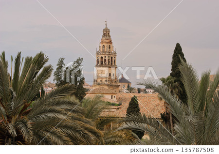 A tall tower with a clock on top stands in front of a lush green forest A tall tower with a clock on top stands in front of a lush green forest 135787508
