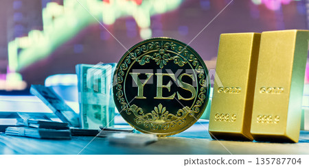YES Decision Coin With Gold Bullion Bars and US Dollar Cash on Desk With Stock Market Chart Background , Successful Investment Choice, Trading Approval, Profit Strategy, and Financial Confidence 135787704