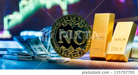 NO Decision Coin With Gold Bullion Bars and US Dollar Cash on Desk With Stock Market Chart Background ,Investment Rejection, Trading Risk Warning, Negative Choice, and Financial Caution Concept NO Decision Coin With Gold Bullion Bars and US Dollar Cash on Desk With Stock Market Chart Background ,Investment Rejection, Trading Risk Warning, Negative Choice, and Financial Caution Concept 135787705