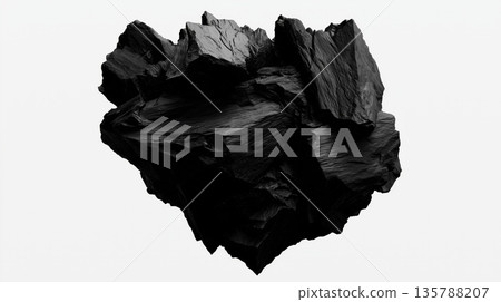 Black charcoal abstract sphere texture floating concept. Black textured abstract object formed by sharp charcoal fragments floating on white 135788207