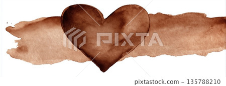 Brown watercolor heart creating organic abstract art. Brown heart shape painted with watercolor on textured white paper showing a drip Brown watercolor heart creating organic abstract art. Brown heart shape painted with watercolor on textured white paper showing a drip 135788210