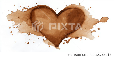 Brown watercolor heart creating organic abstract art. Brown heart shape painted with watercolor on textured white paper showing a drip Brown watercolor heart creating organic abstract art. Brown heart shape painted with watercolor on textured white paper showing a drip 135788212
