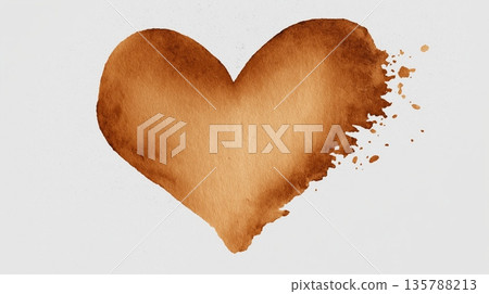Brown watercolor heart creating organic abstract art. Brown heart shape painted with watercolor on textured white paper showing a drip Brown watercolor heart creating organic abstract art. Brown heart shape painted with watercolor on textured white paper showing a drip 135788213