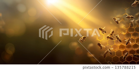 Busy bees working on honeycomb bathed in golden sunlight. Honeybees flying around hexagon honeycomb cells, producing honey with golden light 135788215