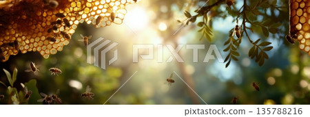 Busy bees working on honeycomb bathed in golden sunlight. Honeybees flying around hexagon honeycomb cells, producing honey with golden light 135788216