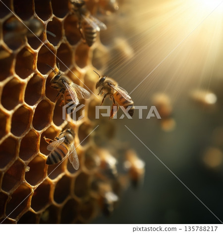 Busy bees working on honeycomb bathed in golden sunlight. Honeybees flying around hexagon honeycomb cells, producing honey with golden light 135788217