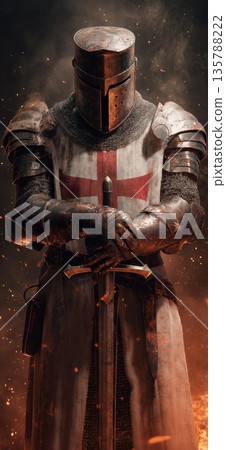 Crusader Knight standing in battle holding sword. Crusader knight in weathered armor holding a sword against a fiery battlefield Crusader Knight standing in battle holding sword. Crusader knight in weathered armor holding a sword against a fiery battlefield 135788222