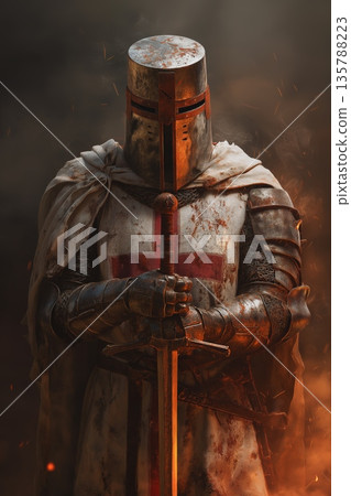 Crusader Knight standing in battle holding sword. Crusader knight in weathered armor holding a sword against a fiery battlefield Crusader Knight standing in battle holding sword. Crusader knight in weathered armor holding a sword against a fiery battlefield 135788223