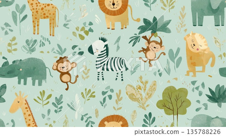 Cute cartoon jungle animals seamless pattern. Safari animals pattern with giraffes, elephants, and lions on a light blue background Cute cartoon jungle animals seamless pattern. Safari animals pattern with giraffes, elephants, and lions on a light blue background 135788226
