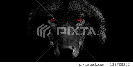 Dark formidable wolf with piercing red eyes. Dark wolf with red glowing eyes emerging from shadows, representing danger and mystery 135788232
