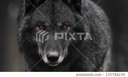 Dark formidable wolf with piercing red eyes. Dark wolf with red glowing eyes emerging from shadows, representing danger and mystery Dark formidable wolf with piercing red eyes. Dark wolf with red glowing eyes emerging from shadows, representing danger and mystery 135788234
