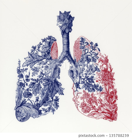Decorative human lungs drawing with intricate patterns. Stylized lungs displaying rich blue and red ornamental designs against a white background 135788239