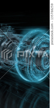 High power motor displaying internal energy and engineering. High-tech motor with glowing core and speed lines illustrating advanced performance 135788259