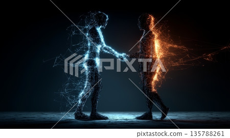 Human IT project manager shaking hands with AI. Human and artificial intelligence entities shaking hands, symbolizing collaboration and future technology Human IT project manager shaking hands with AI. Human and artificial intelligence entities shaking hands, symbolizing collaboration and future technology 135788261