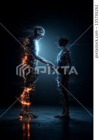 Human IT project manager shaking hands with AI. Human and artificial intelligence entities shaking hands, symbolizing collaboration and future technology 135788262