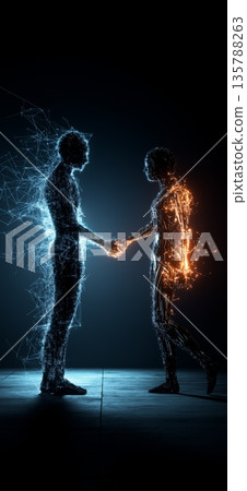Human IT project manager shaking hands with AI. Human and artificial intelligence entities shaking hands, symbolizing collaboration and future technology Human IT project manager shaking hands with AI. Human and artificial intelligence entities shaking hands, symbolizing collaboration and future technology 135788263