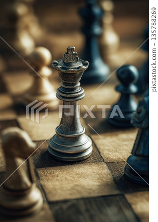 Chess queen piece standing on wooden chessboard. Dark chess queen piece highlighting strategy and competition 135788269